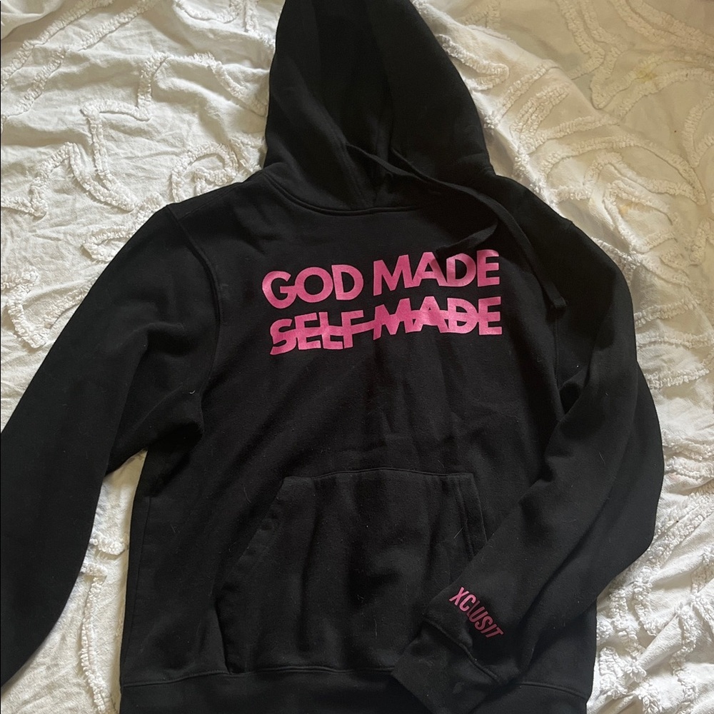 Solid Black Hoodie with Pink Text